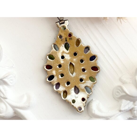 Rainbow Gemstone Art Deco Marquise Shaped Sterling Silver 925 Vintage Pendant - Picture 4 of 10